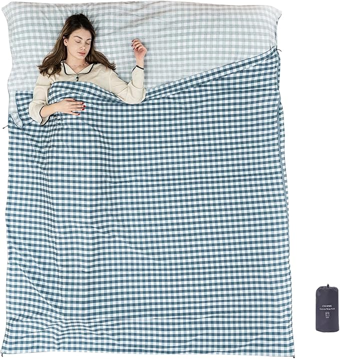 100% Cotton Sleeping Bag Liner with Full Length Zipper on 3 Sides; Single/Double Adult Sleep Sack for Travel & Camping, Multifunctional Travel Sheets (Unzipped 87”x87”) for Hotel, Lightweight