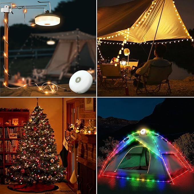 2-Pack Camping String Lights, 4 in 1 Outdoor String Lights with 8 Lighting Modes, Quick Storage, USB Charging, Portable Camping Light Rechargeable, 32.8ft Waterproof Tent Light for Hiking,Christmas