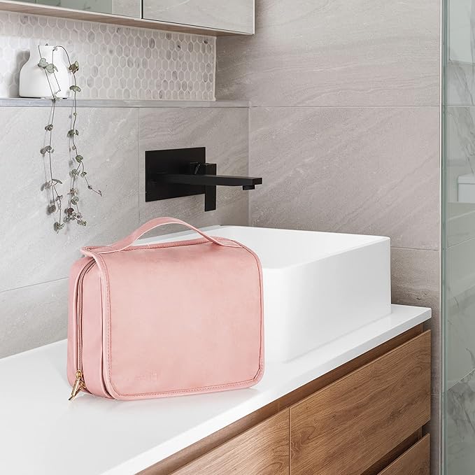 Elviros Hanging Travel Toiletry Bag for Women, 3-in-1 Large Makeup Bag and Cosmetic Organizer, Vegan Leather Waterproof Skincare Case for Travel Size Toiletries and Accessories