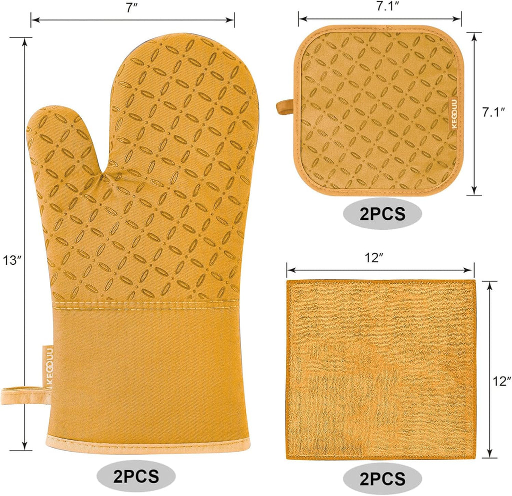 KEGOUU Oven Mitts and Pot Holders 6pcs Set, Kitchen Oven Glove High Heat Resistant 500 Degree Extra Long Oven Mitts and Potholder with Non-Slip Silicone Surface for Cooking （Orange）