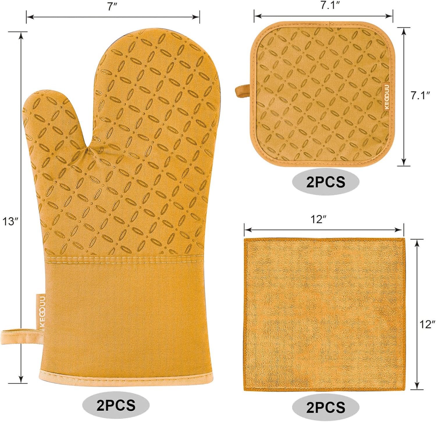 KEGOUU Oven Mitts and Pot Holders 6pcs Set, Kitchen Oven Glove High Heat Resistant 500 Degree Extra Long Oven Mitts and Potholder with Non-Slip Silicone Surface for Cooking （Orange）