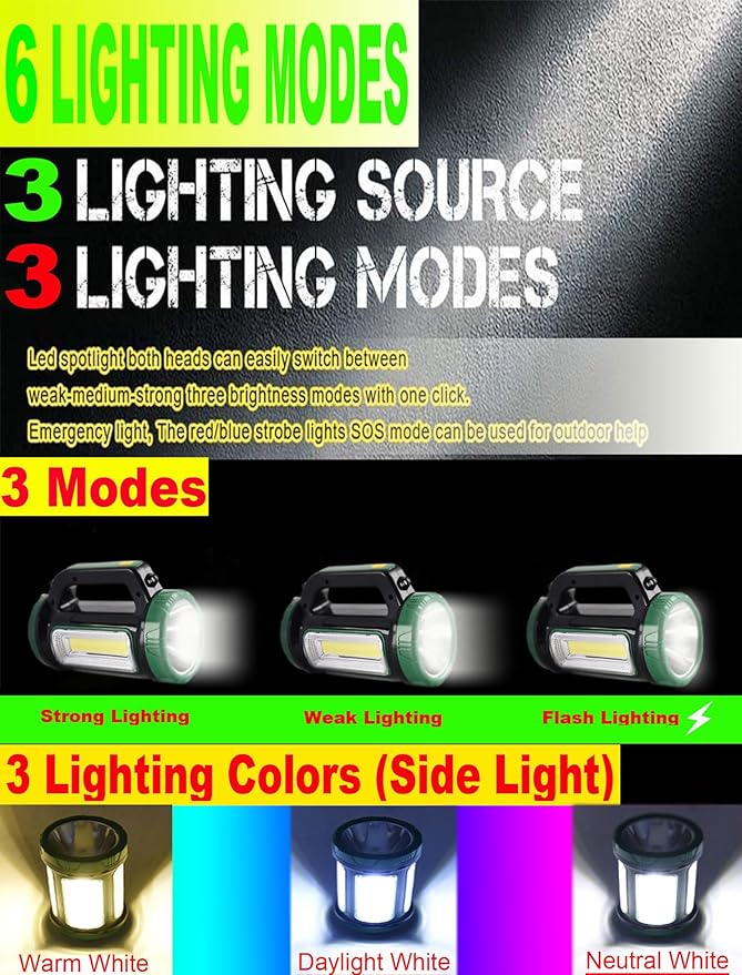 Solar Rechargeable LED Searchlight Spotlights, Super Bright 10000LM Handheld Spotlight Lantern, Multifunctional LED Lamp Camping Work Light, 6 Light Modes, Power Bank, IPX4 Waterproof