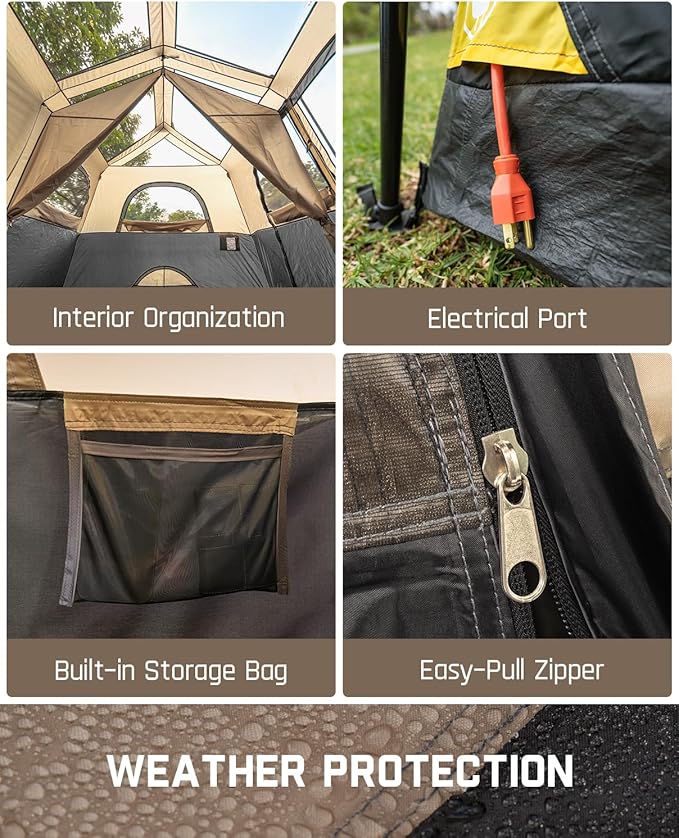 FanttikOutdoor Instant Cabin Tent 6/8/10/12 Person Camping Tent Setup in 60 Seconds with Rainfly & Windproof Portable with Carry Bag for Family Camping & Hiking, Upgraded Ventilation, Khaki