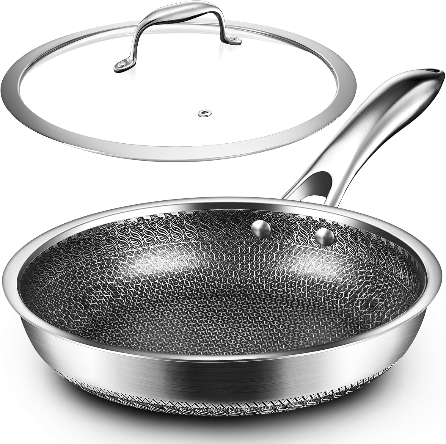 MDHAND 10 Inch Nonstick Frying Pan with Tempered Glass Lid, Premium Stainless Steel Skillet with Stay-Cool Handle, Dishwasher-Friendly, Oven-Safe, Induction Ready, Compatible with All Cooktops