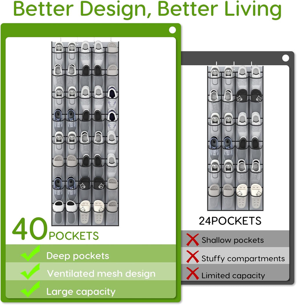 Unjumbly Over the Door Shoe Organizer with 40 Large Breathable Mesh Pockets, Space Saving Shoe Holder, Hanging Shoe Rack for Entryway Bedroom Closet Storage (Grey, 40 Pockets)