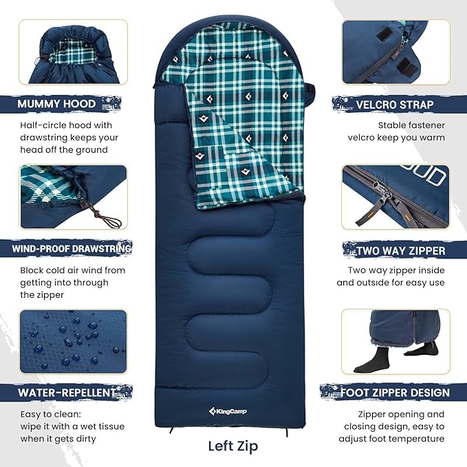 KingCamp Sleeping Bag for Adults, Cold Weather & Warm XL Big and Tall Flannel Sleeping Bags with Compression Sack Portable Waterproof Essentials Gear Accessories for Outdoor Camping