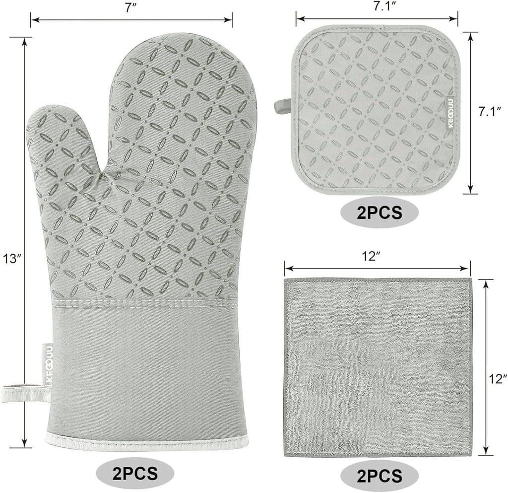 KEGOUU Oven Mitts and Pot Holders 6pcs Set, Kitchen Oven Glove High Heat Resistant 500 Degree Extra Long Oven Mitts and Potholder with Non-Slip Silicone Surface for Cooking （Greenish Gary）