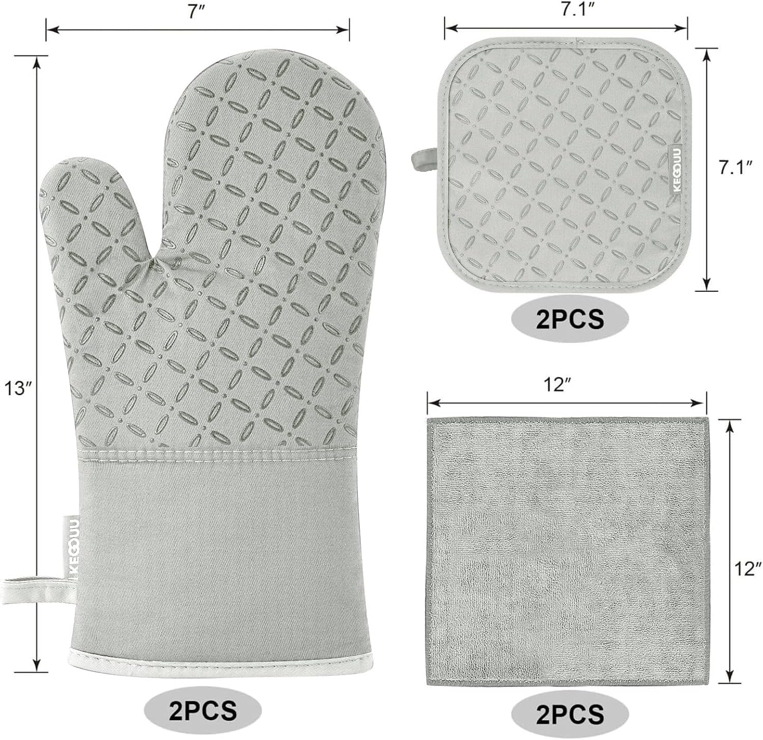 KEGOUU Oven Mitts and Pot Holders 6pcs Set, Kitchen Oven Glove High Heat Resistant 500 Degree Extra Long Oven Mitts and Potholder with Non-Slip Silicone Surface for Cooking （Greenish Gary）