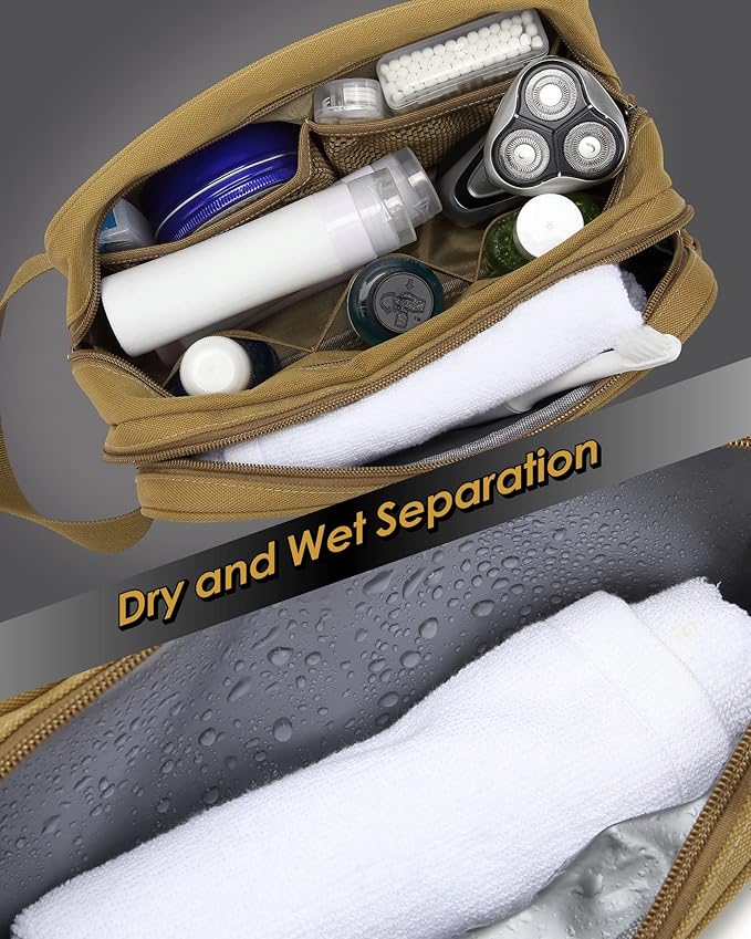 TACTICISM Toiletry Bag for Men - Dry Wet Separate Hygiene Bag Travel Toiletry Bag, Tactical Molle Dopp Kit for Men with Large Capacity, Water-Resistant Shaving Bag for Adult Women for Travel, Brown