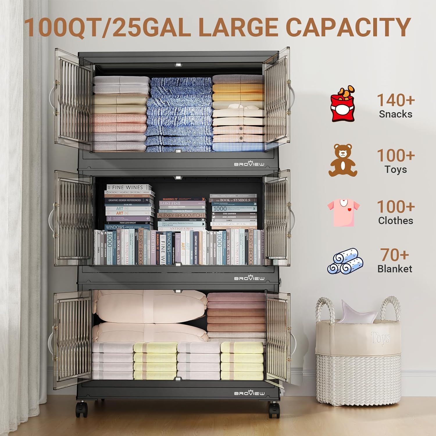 300Qt Stackable Storage Bins with Lid, Extra Large Closet Organizer Collapsible Drawer Boxes with Wheels, Folding Plastic Cabinet Containers for Home Kitchen Room Organization, 3Pack Black