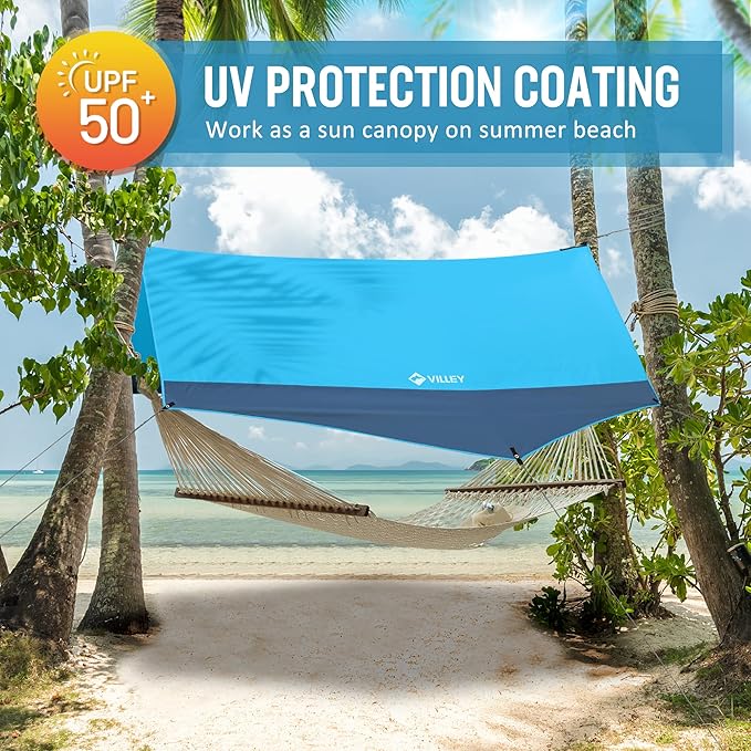 VILLEY Camping Tarps for Tents, Portable Waterproof Hammock Rain Fly, Easy Set Up Camping Shelter Sunshade Canopy for Outdoor Fishing, Backpacking, Hiking, Survival Gear- Heptagonal, Blue