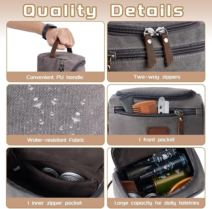 Men's Canvas Toiletry Bag, Large Capacity Men's Travel Portable Toiletry Bag, Organizer Dopp Kit Leather Accessory, Water-resistant Shaving Pouch, Birthday/Anniversary/Groomsmen Gifts for Him- Grey
