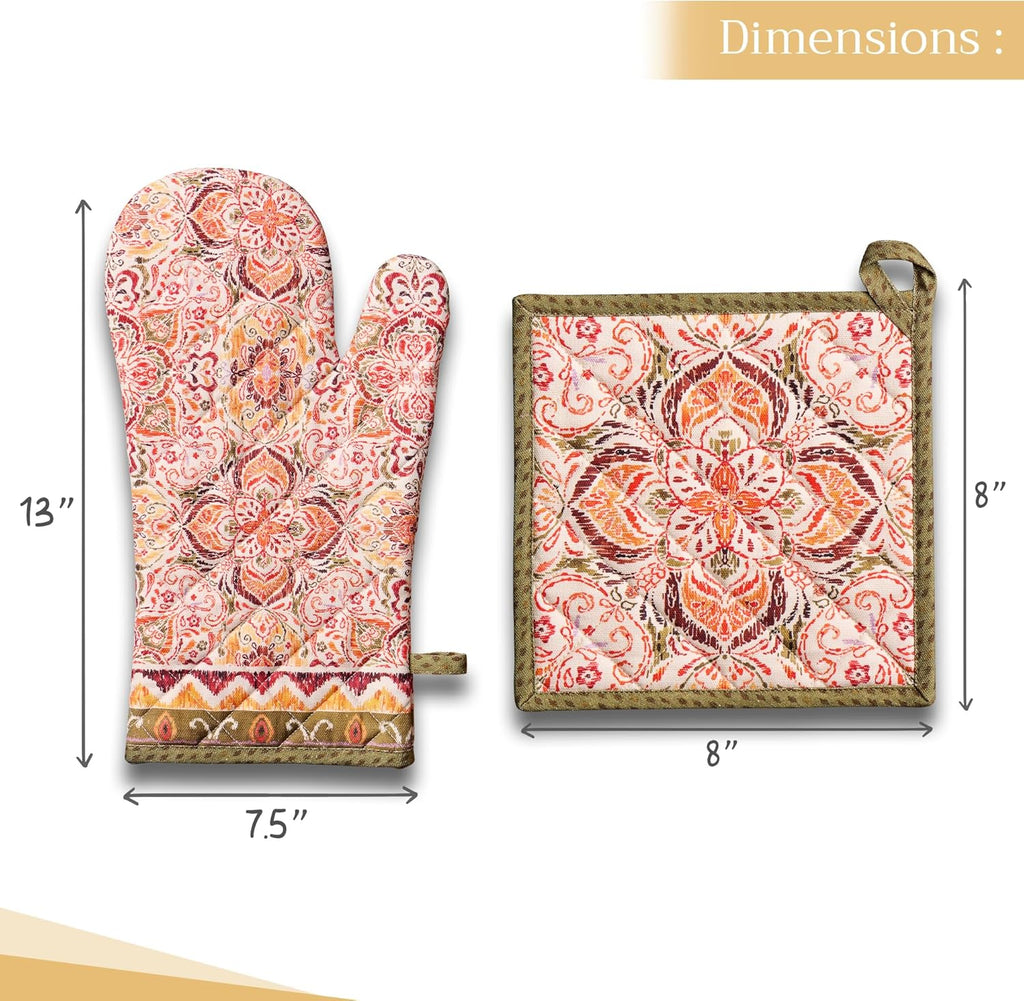 Maison d' Hermine 100% Cotton Oven Mitt & Pot Holder Set (7.5"x13" & 8"x8") Heat Resistant BBQ Cooking Gloves with Loop, Baking, Grilling, Kitchen, Handling Hot Pans (Damask)