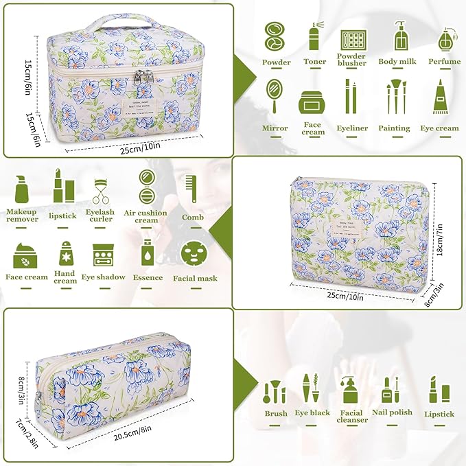 3PC Makeup Bag Set, Quilted Makeup Bag, Large Floral Cosmetic Bag for Women, Cute Cotton Makeup Bags, Flower Travel Toiletry Organizer Bag (light blue)