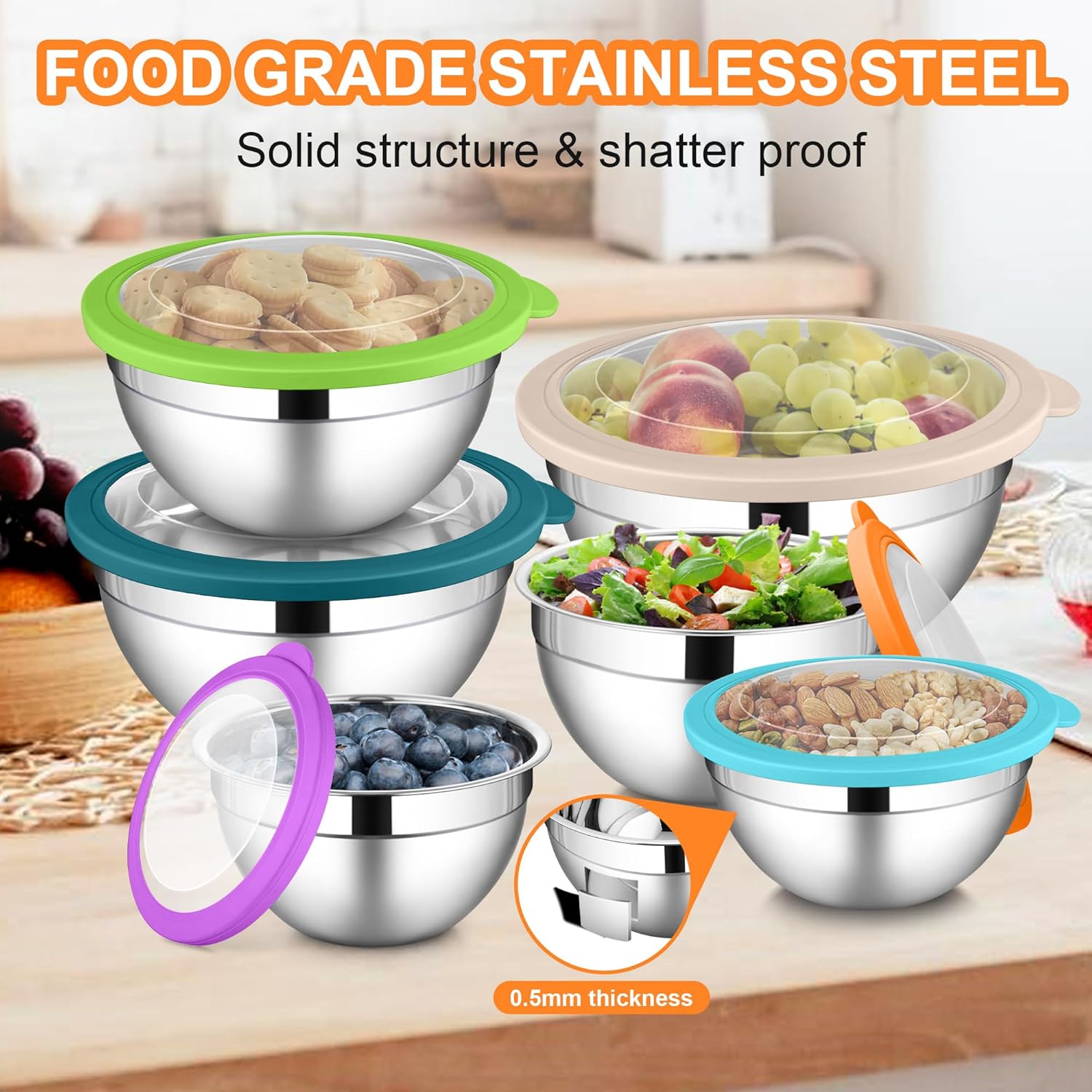 LIANYU Mixing Bowls with Visible Lid Sets of 6, Stainless Steel Metal Salad Nesting Bowls, Large & Small 7, 3.5, 2.5, 2, 1.5, 1QT Size For Kitchen, Baking, Storage, Food Prepping, Serving, Multi-Color