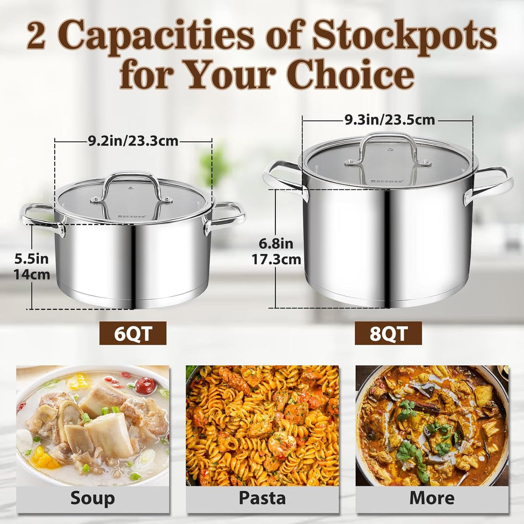 Rorence 6 Quart Stainless Steel Stockpot, Tri-Ply Base Large Pot for Cooking with Lid for Soup, Pasta, Vegetable, Induction Cooking Pot for All Stoves, Oven & Dishwasher Safe