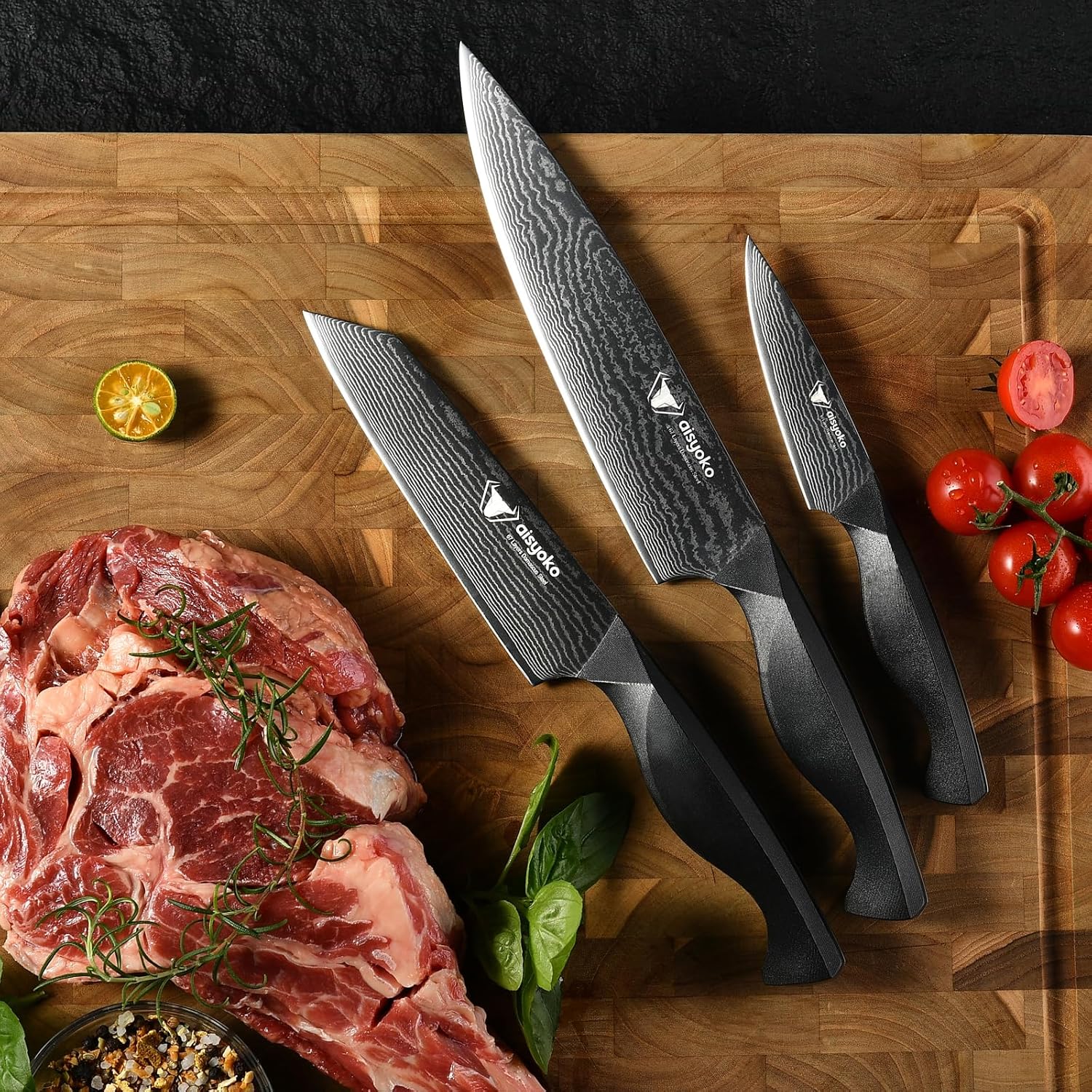 8C Damascus Knife Set - 3PC Chef's Knife, Kitchen and Paring Knives, High Carbon Stainless Steel, Ergonomic Full Tang ABS Anti-Skid Handle