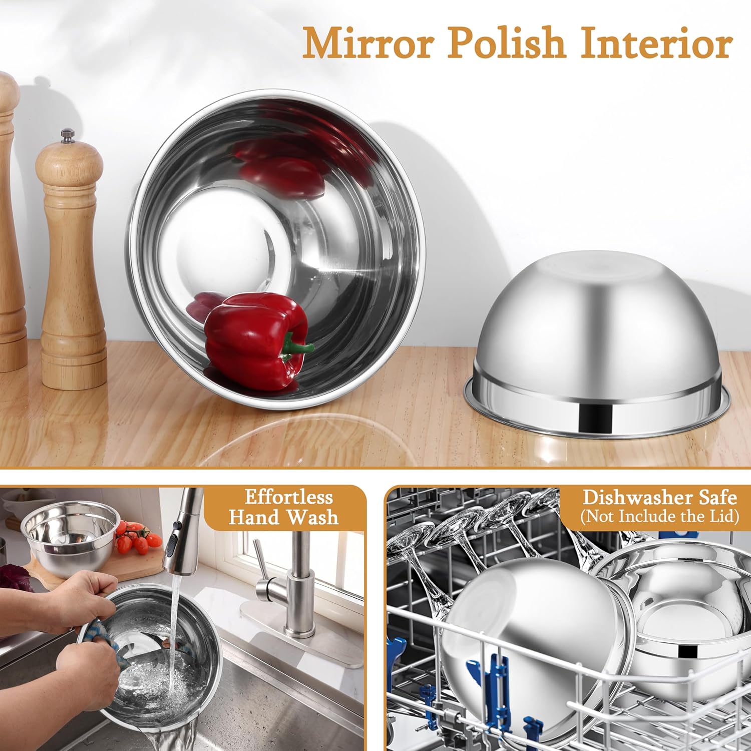 LIANYU Mixing Bowls with Visible Airtight Lids, 3Pcs Stainless Steel Large Metal Nesting Kitchen Bowls Set, 4.6 & 3 & 1.5QT Size Ideal for Mixing, Baking, Serving, Dishwasher & Freezer Safe, Khaki