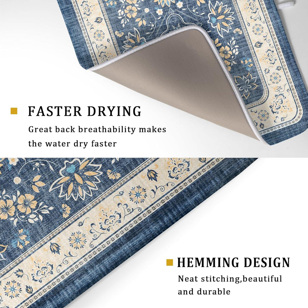 Blue Boho Dish Drying Mat for Kitchen Counter 18x24 Inch Fast Dry Drying Pad Vintage Floral Dish Drainer Rack Mats Coffee Bar Accessories