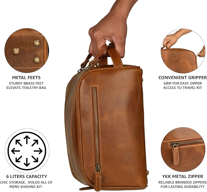 LEATHER VILLAGE Premium Leather Toiletry Travel Pouch With Waterproof Lining - Sun Tan | King-Size Handcrafted Vintage Dopp Kit Bag