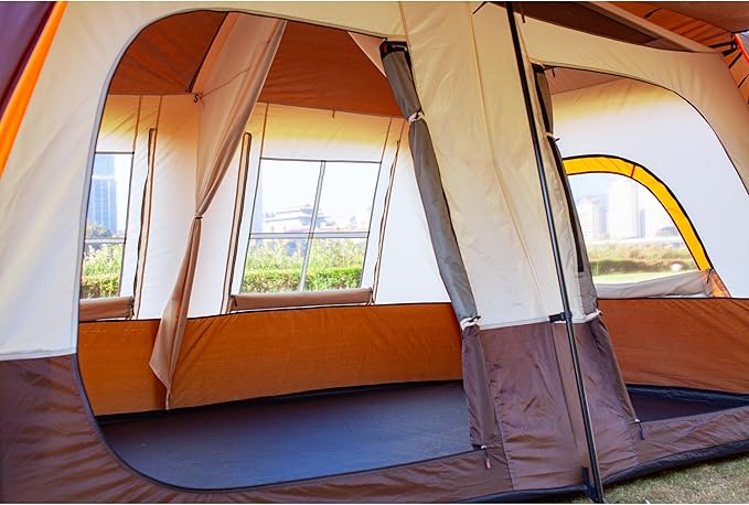 KTT Extra Large Tent 10-12-14 Person(A),Family Cabin Tents,2 Rooms,3 Doors and 3 Windows with Mesh,Straight Wall,Waterproof,Double Layer,Big Tent for Outdoor,Picnic,Camping,Family Gathering