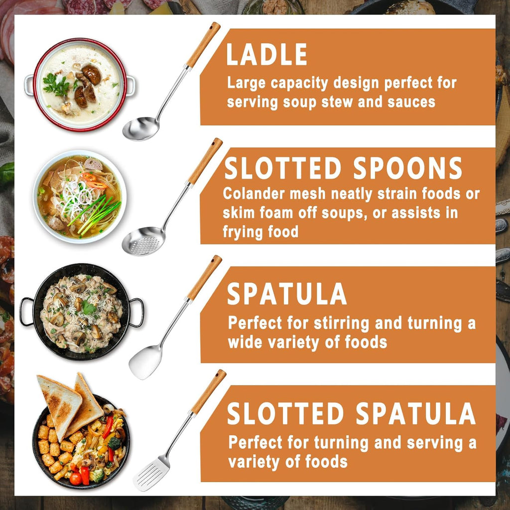 Pleafind 4-Pcs Cooking Utensils Set, Stainless Steel Kitchen Utensils with Wooden Hanlde, Kitchen Essentials Set Include Wok Ladle, Slotted Spoon, Wok Spatula and Slotted Spatula, Dishwasher Safe