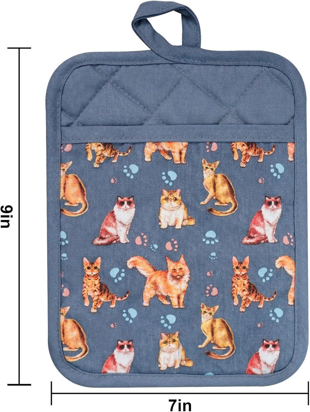 Pot Holders Set of 2 Heat Resistant 480 ℉Non Slip Clear Silicone Printed Comfortable Cotton Lining Kitchen Women Men Cooking Baking Microwave Machine Washable (Cat, Blue potholders)