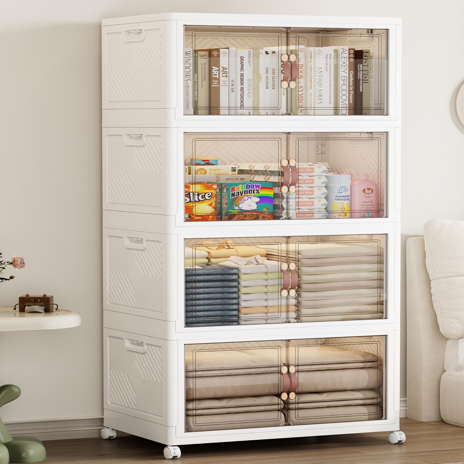 SAILUN 433QT/108 Gal Extra Stackable Storage Bins Large Collapsible Storage Bins with Wheels and Lid, Open Front Folding Closet Organizers and Storage,4Pack 26" W x 17" D x 56.7" H