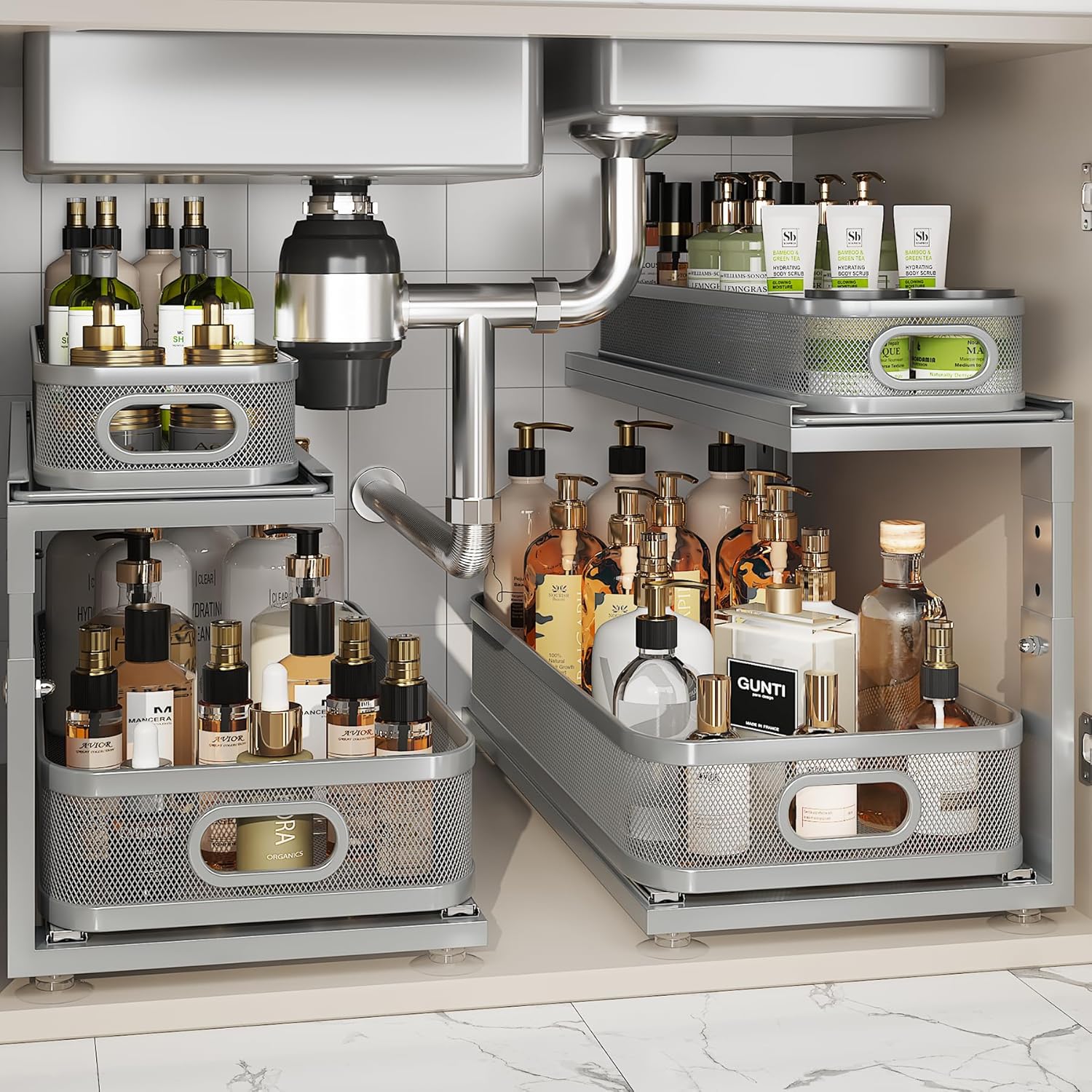 2 Pack 21IN-Depth Under Sink Organizer With Next-Gen Ball-Bearing Slides,2-Tier Precision Mesh Pull Out Cabinet Storage for Bathroom&Kitchen,Height Adjustable Drawers Shelf,Anti-rust-Grey