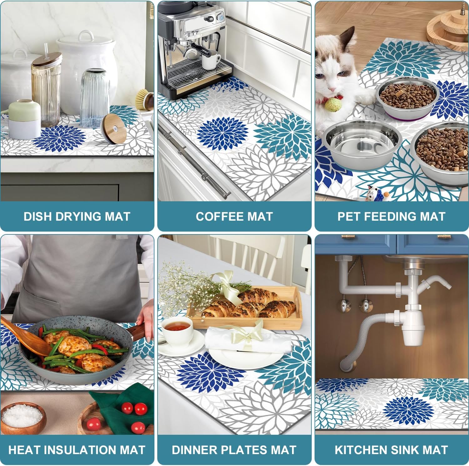 Findosom 2PCS 17" x 32" Dish Drying Mat & 24" x 5.5" Sink Splash Guard, Super Absorbent & Cuttable Dish Mat Drying Kitchen Mat with Blue Floral, Hide Stain Drying Mat for Kitchen Counter