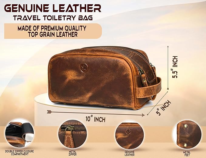 10" Premium Leather Toiletry Travel Pouch With Waterproof Lining | King-Size Handcrafted Vintage Dopp - Kit ~ Gift for Father's Day By Aaron Leather Goods (Copper)
