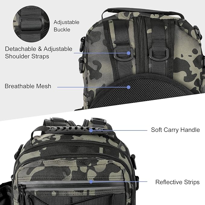 MoKo Fishing Backpack Sling Bag with Rod & Gear Holder, Nylon Waterproof Fishing Tackle Storage Bag for Fishing