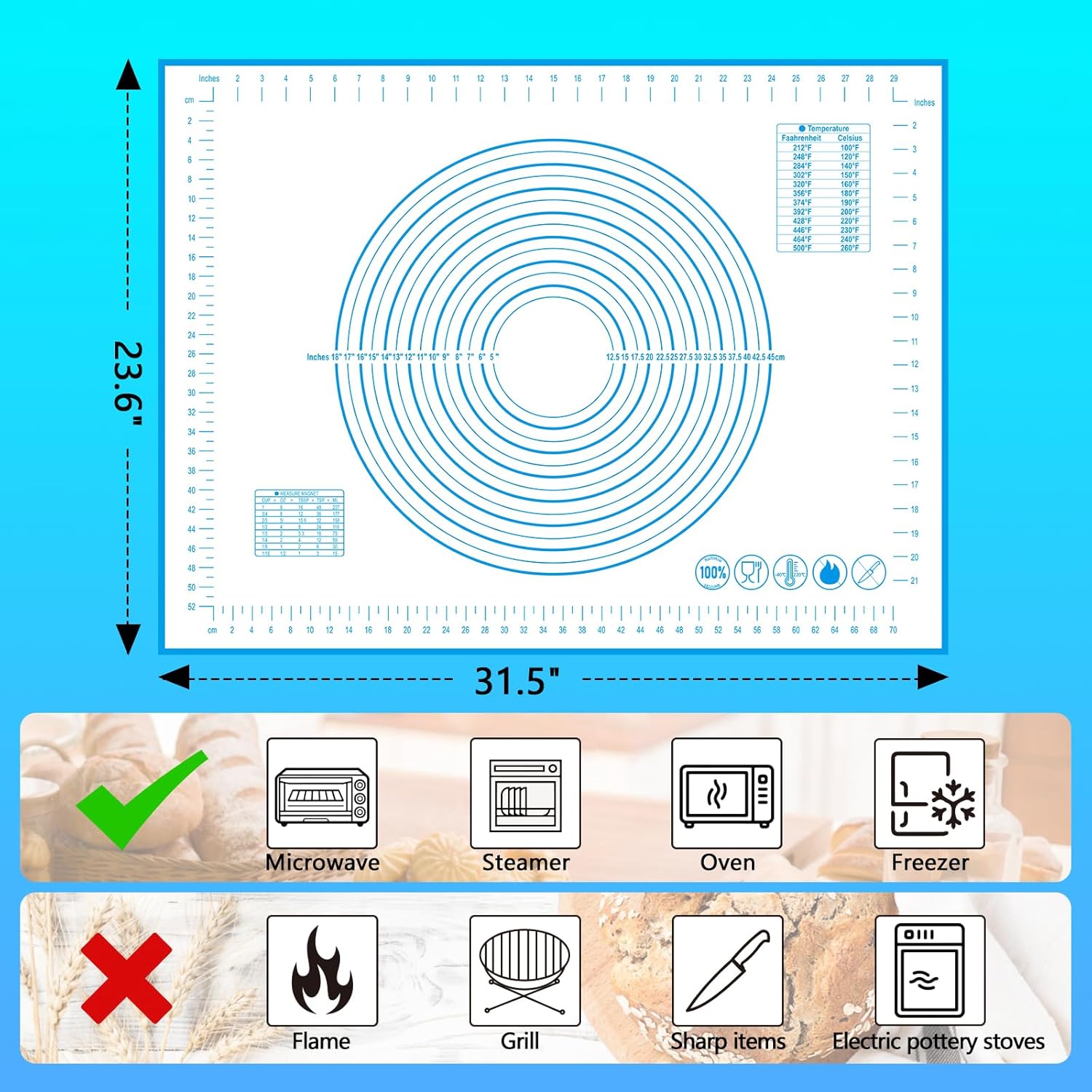UBeesize Oversize Silicone Baking Mat, 23.6x31.5 Inch Non Stick Pastry Mat with Measurements, XXL Large Nonslip Counter Mat, Fondant/Pie Crust Mat for Making Cookies Macarons Bread Baking Supplies