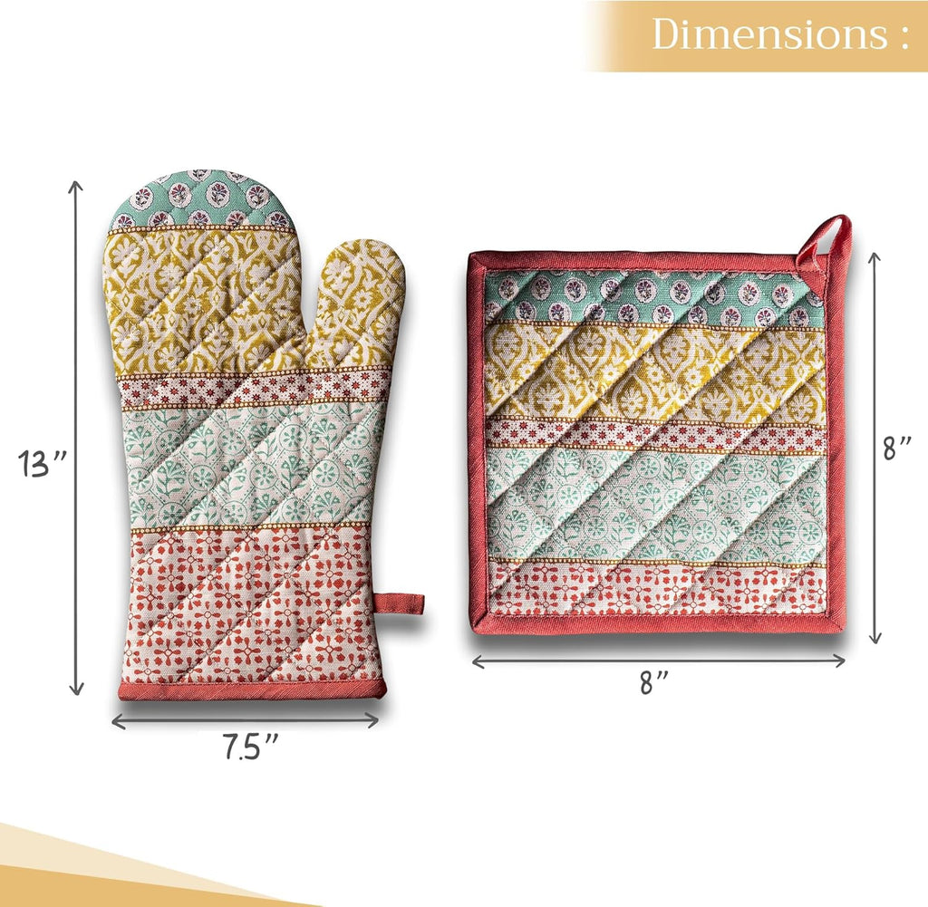 Maison d' Hermine 100% Cotton Oven Mitt & Pot Holder Set (7.5"x13" & 8"x8") Heat Resistant BBQ Cooking Gloves with Loop, Baking, Grilling, Kitchen, Handling Hot Pans Spring/Summer (Provence)