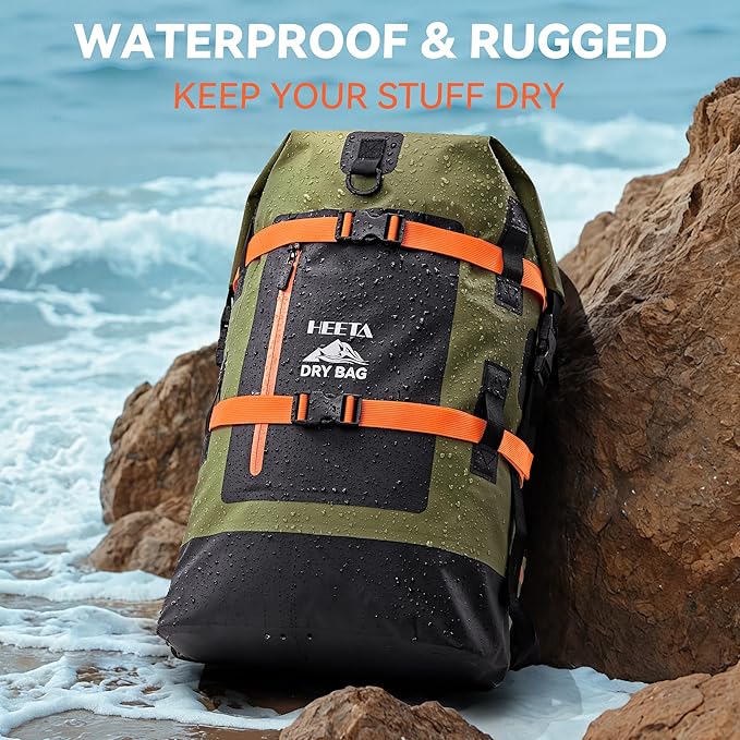 HEETA Waterproof Dry Bags Backpack 40L for Men & Women, Roll Top Heavy Duty Cushioned Hiking Backpack for Kayaking Boating Paddle Boarding Fishing Travel Camping Beach Vacation Cruise Ship Essentials