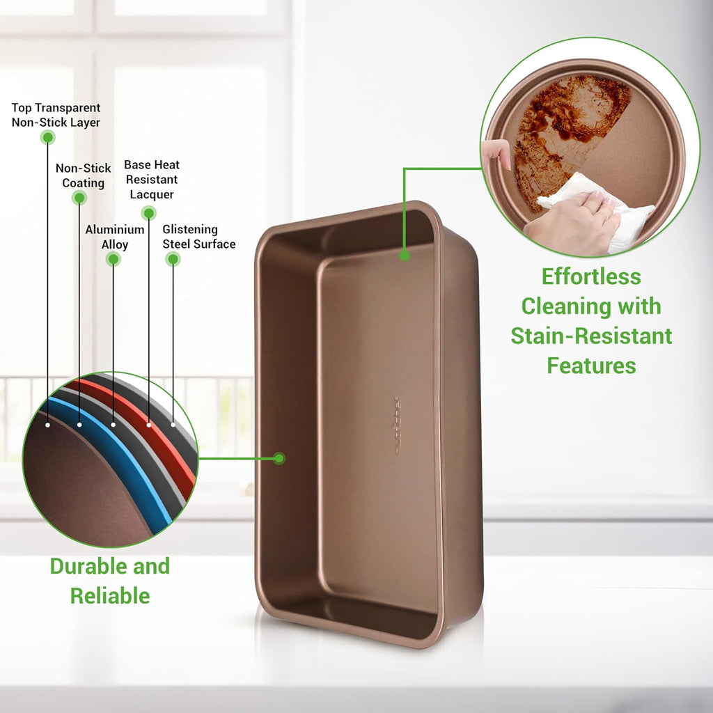 NutriChef 6-Piece Nonstick Bakeware Set, Carbon Steel Baking Pans, Includes Cookie Trays, Wide & Square Bake Pan, Bread Loaf & Round Cake Pan, Muffin Pan - Gold