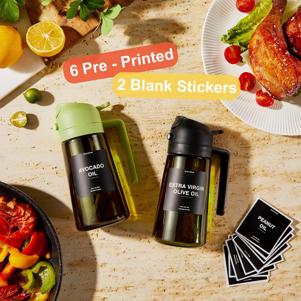 CXINYI - 16oz/470ml Olive Oil Dispenser for Kitchen with Stickers - 2 in 1 Olive Oil Sprayer for Cooking, Air Fryer, and Salad, Green (Light-Proof Kitchen Gadget)