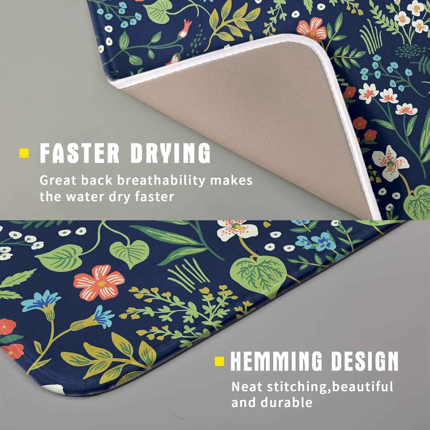 Flower Floral Dish Drying Mat 18x24 inch Microfiber Navy Blue Drying Mats with Hanging Loop Absorbent Green Leaves Dish Drainer Mat Reversible Flowers Drying Pad for Kitchen Counter Sink