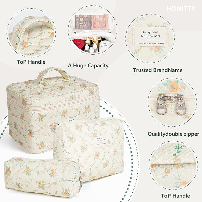 Makeup Bag,Quilted Cosmetic Bags,Large Floral Make Up Organize bag,Makeup Bag Set for Women,Flower Travel Toiletry Bag
