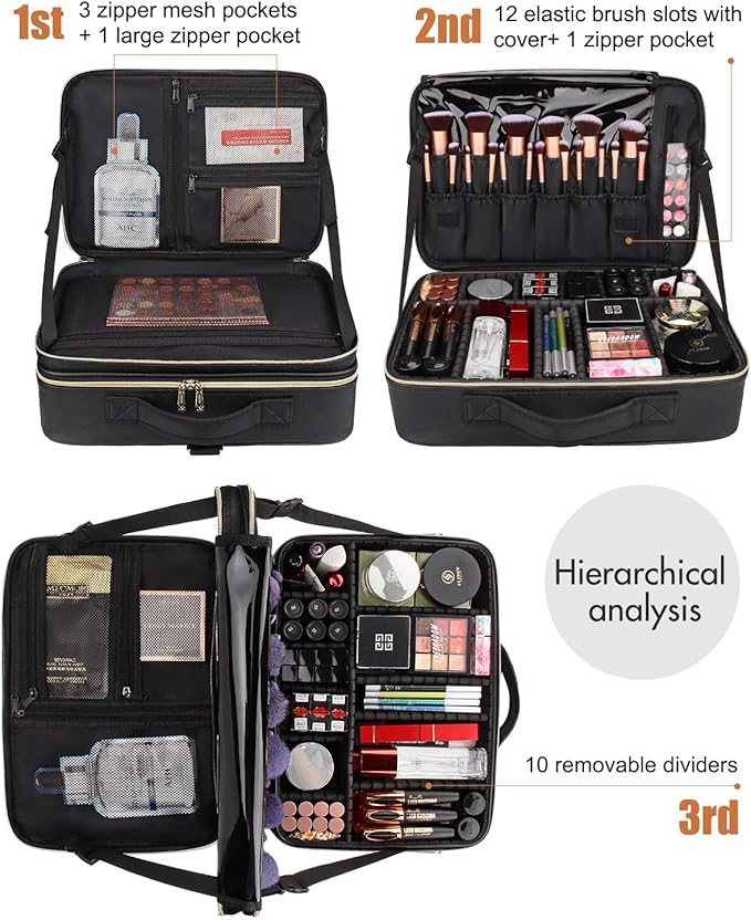 Relavel Professional Train Case - 16.5 Inch Travel Cosmetic Organizer, Waterproof Makeup Artist Storage Box, Large Capacity (Leather Black)