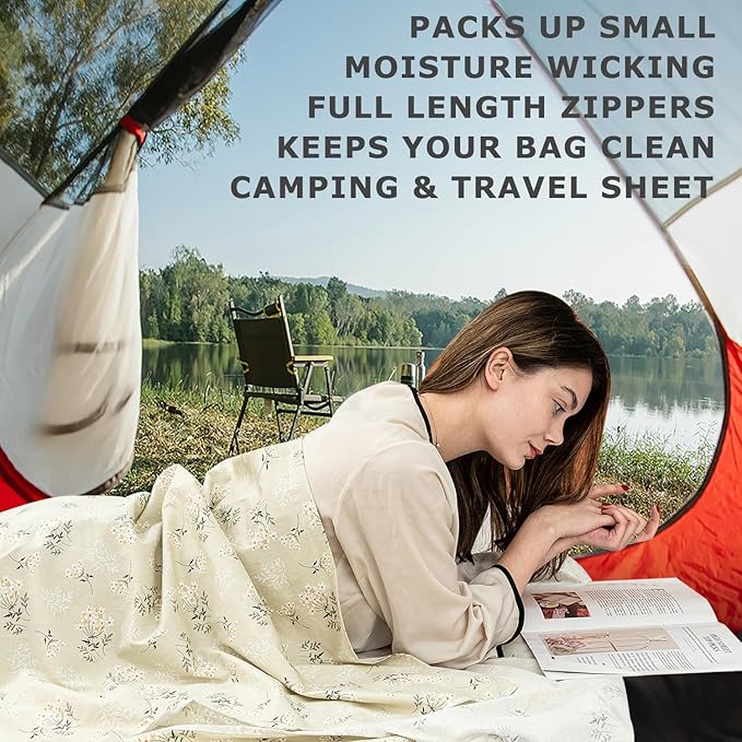 100% Cotton Sleeping Bag Liner with Full Length Zipper on 3 Sides; Single/Double Adult Sleep Sack for Travel & Camping, Multifunctional Travel Sheets (Unzipped 87”x87”) for Hotel, Lightweight