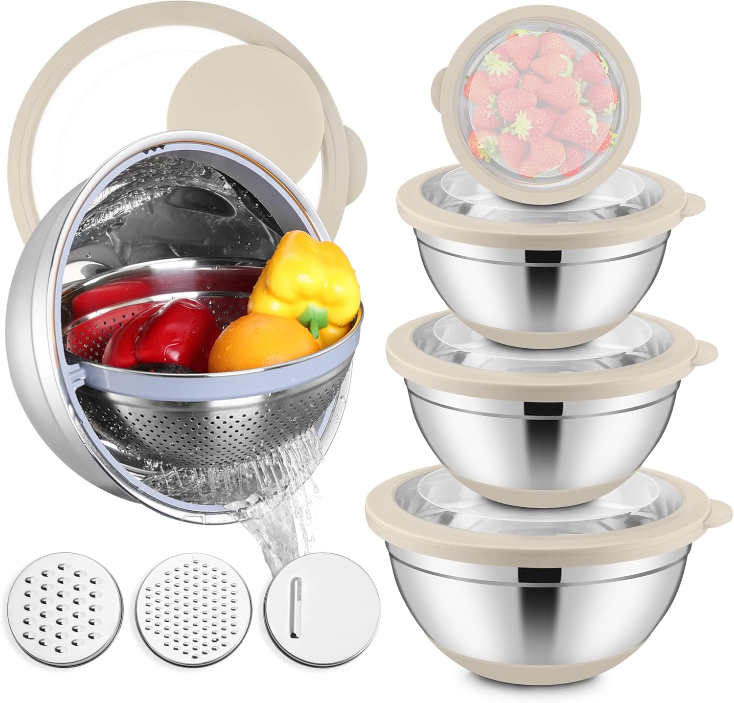 E-far Mixing Bowls with Lids Set, 15PCS Stainless Steel Mixing Nesting Bowl with Colander & 3 Metal Grater for Kitchen Prep/Baking/Storage, Non-Slip Bottom & Airtight Lid, 4.6, 3, 1.5, 1, 0.7QT, Khaki