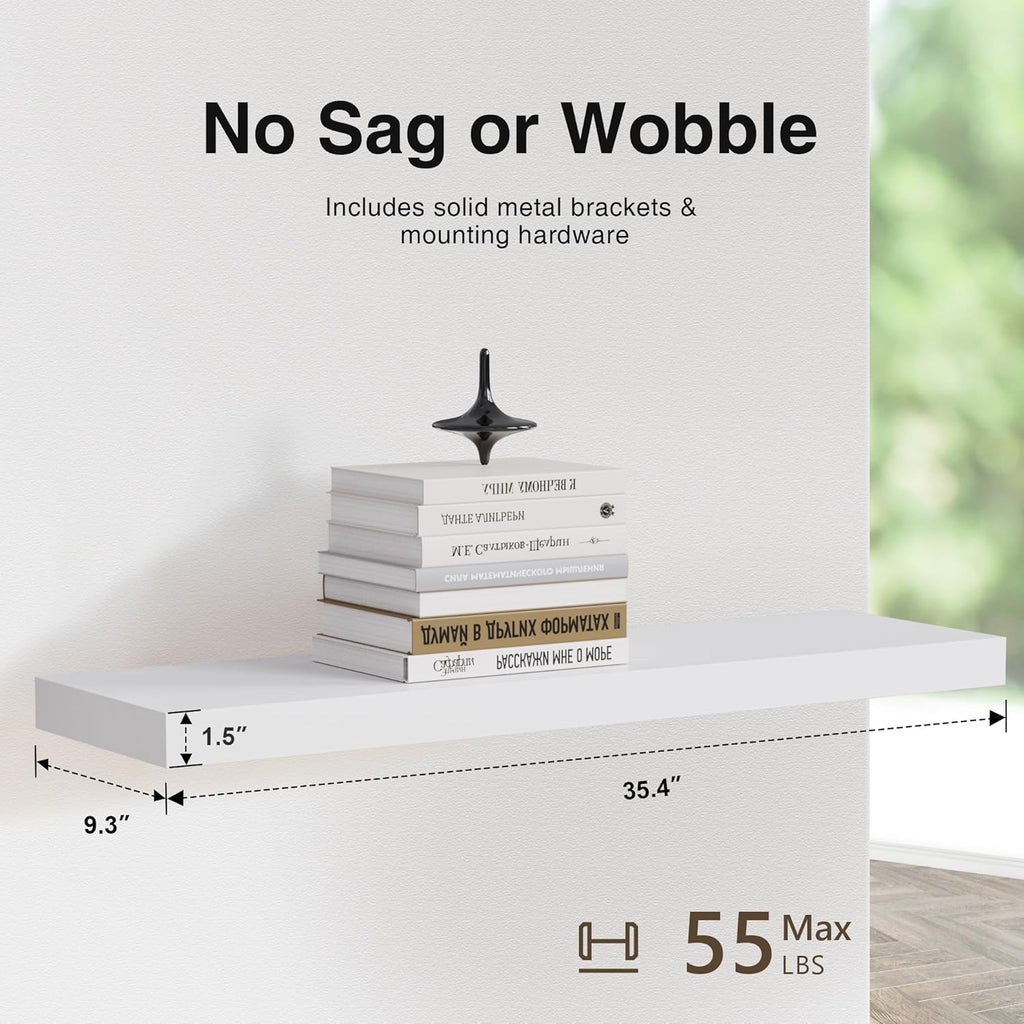 Colima Floating Shelves for Wall White Wood Shelf for Bedroom, 36 Inch Wall Mounted Floating Shelves for Bathroom Living Room Kitchen Office, 1.3" Thick Floating Book Shelves for Wall, Set of 3