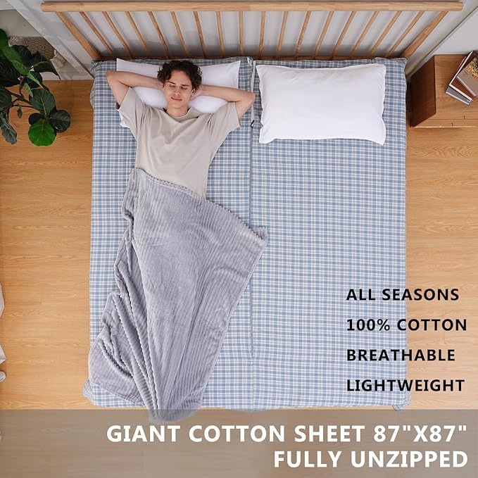 100% Cotton Sleeping Bag Liner with Full Length Zipper on 3 Sides; Single/Double Adult Sleep Sack for Travel & Camping, Multifunctional Travel Sheets (Unzipped 87”x87”) for Hotel, Lightweight