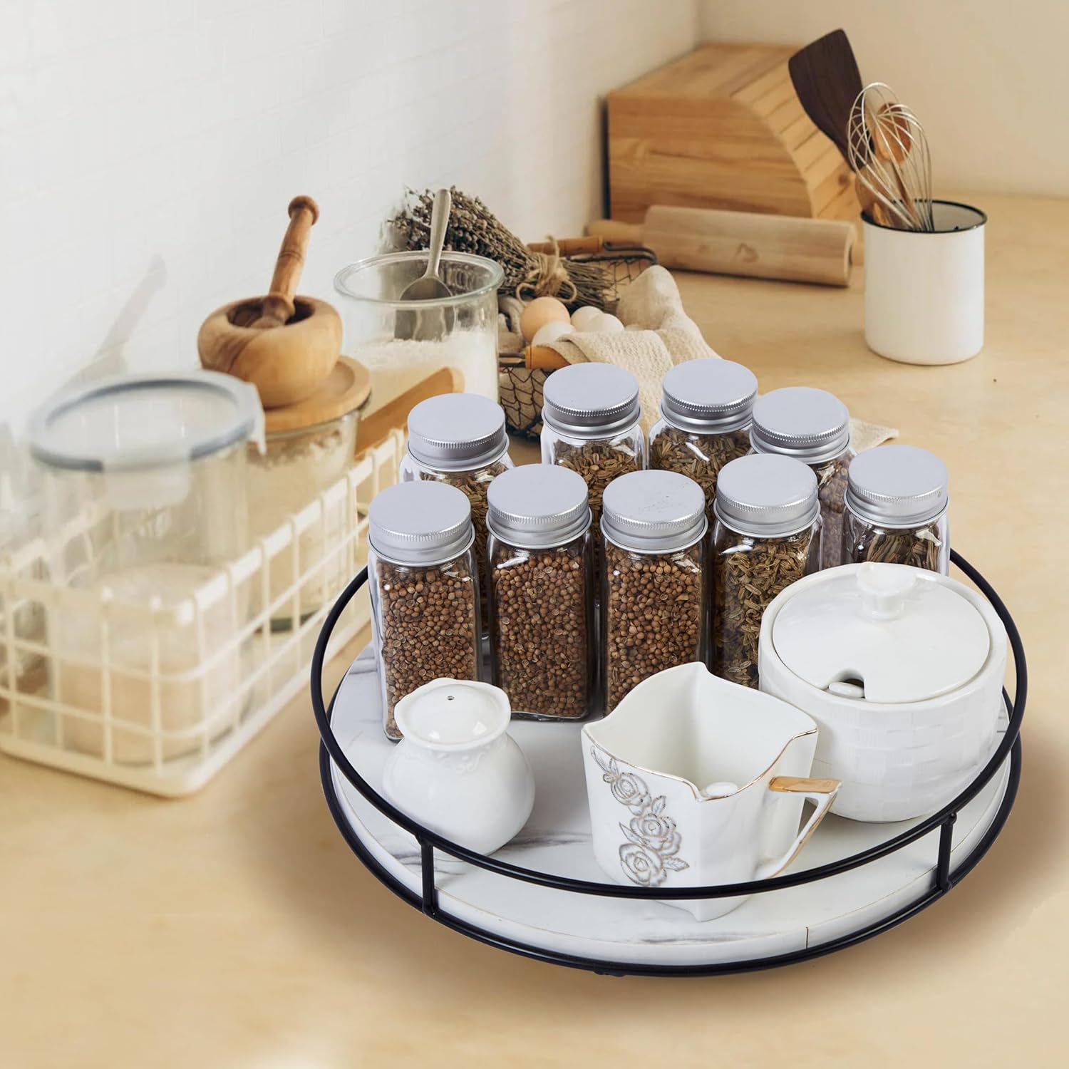 12 Inch White Wood Lazy Susan Turntable for Table, Kitchen Rustic Brown Turntable Organizer with Steel Frame, 360 Degree Decorative Turntable for Countertop Cabinet or Centerpieces