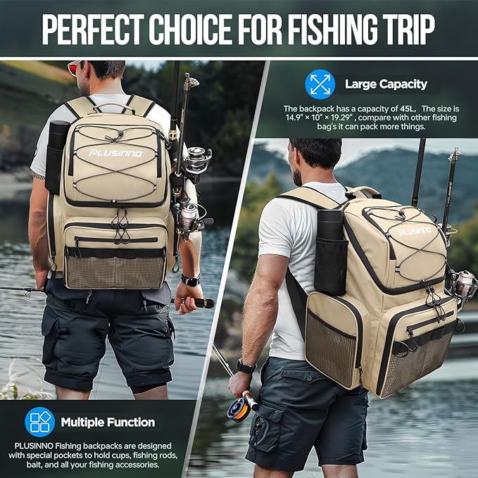 PLUSINNO Cooler Fishing Backpack with Rod Holders 45L Large Water-resistant Fishing Tackle bag Store Fishing Gear Fishing Gifts for Men Father