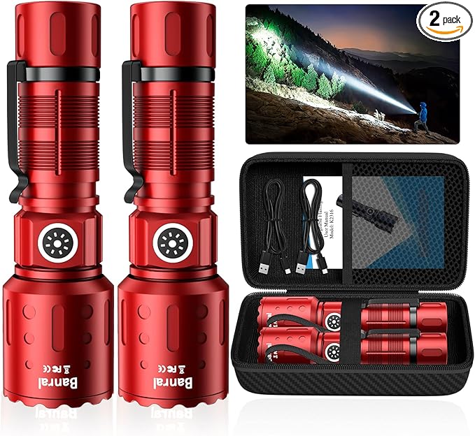 Flashlights High Lumens Rechargeable, 20,000 Lumens Super Bright 1500 Meters Long Range Small Powerful Flashlight, 6 Modes LED Tactical Pocket Waterproof Flash Light for Home Emergency (2, Red)