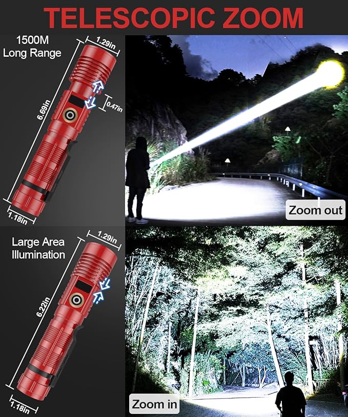 Rechargeable Flashlight High Lumens-12000LM Super Bright Magnetic Flash Light with Power Digital Display,3280Ft Long Range,Dimmable,Waterproof,Pocket Tactical LED Flashlights for Emergency,Red 1PC