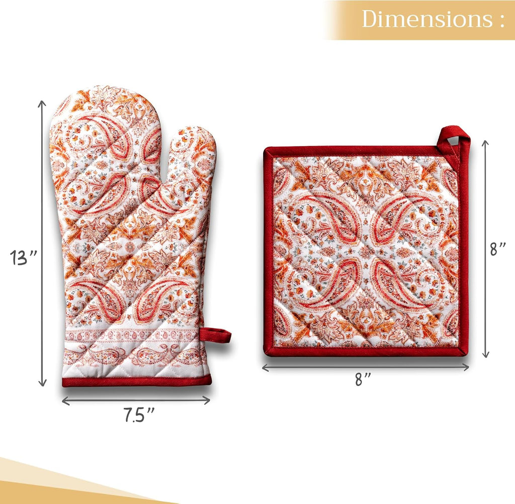 Maison d' Hermine 100% Cotton Oven Mitt & Pot Holder Set (7.5"x13" & 8"x8") Heat Resistant BBQ Cooking Gloves with Loop, Baking, Grilling, Kitchen, Handling Hot Pans (Orient)