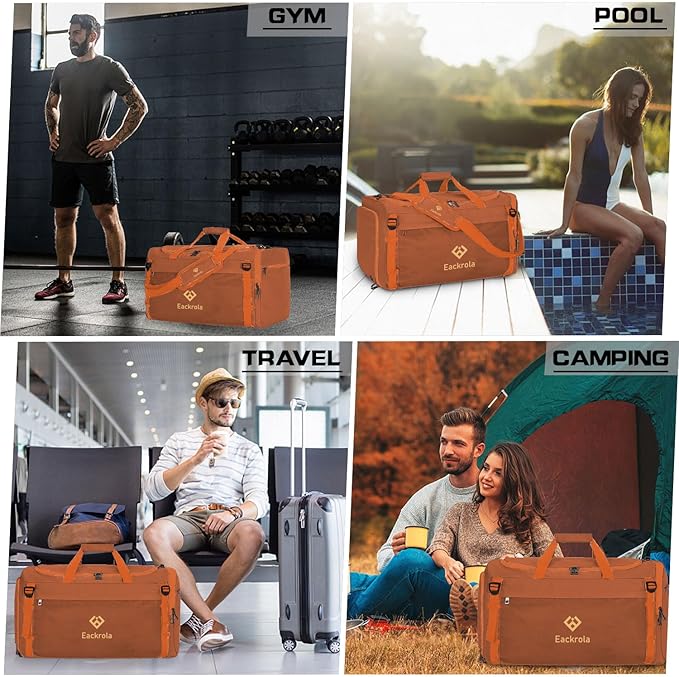 Eackrola Large Sports Gym Bag, Travel Duffel bag with Wet Pocket & Shoes Compartment for men women, 65L, Lightweight（Orange）
